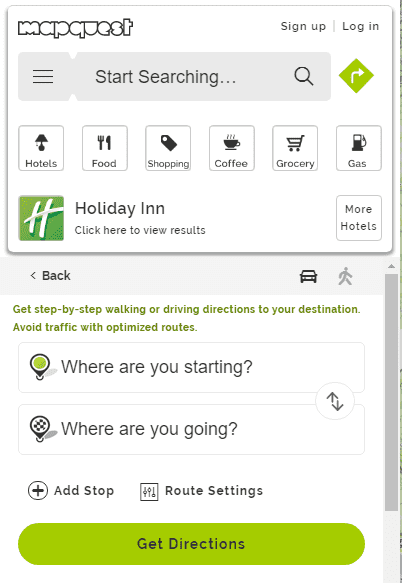 Mapquest Directions menu